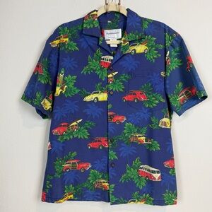 Vintage Halekulani Blue Hawaiian Aloha Shirt Cars & Surfboards S